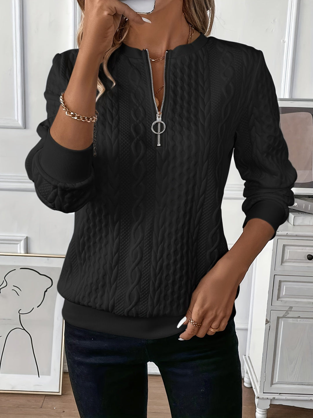 Amalie | Women zip-up cable knit jumper
