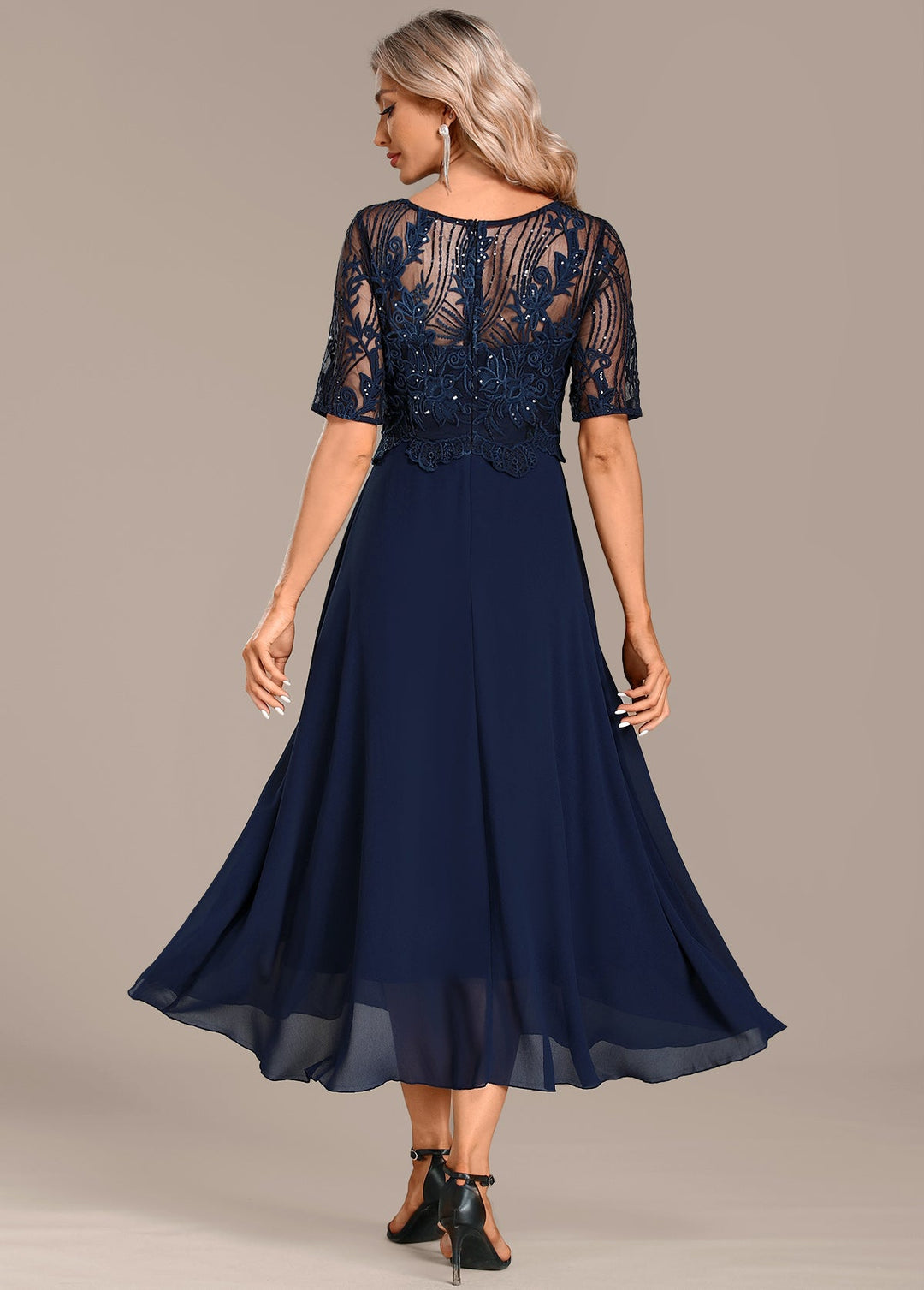 Madeline | Navy Lace Short Sleeve Round Neck Dress