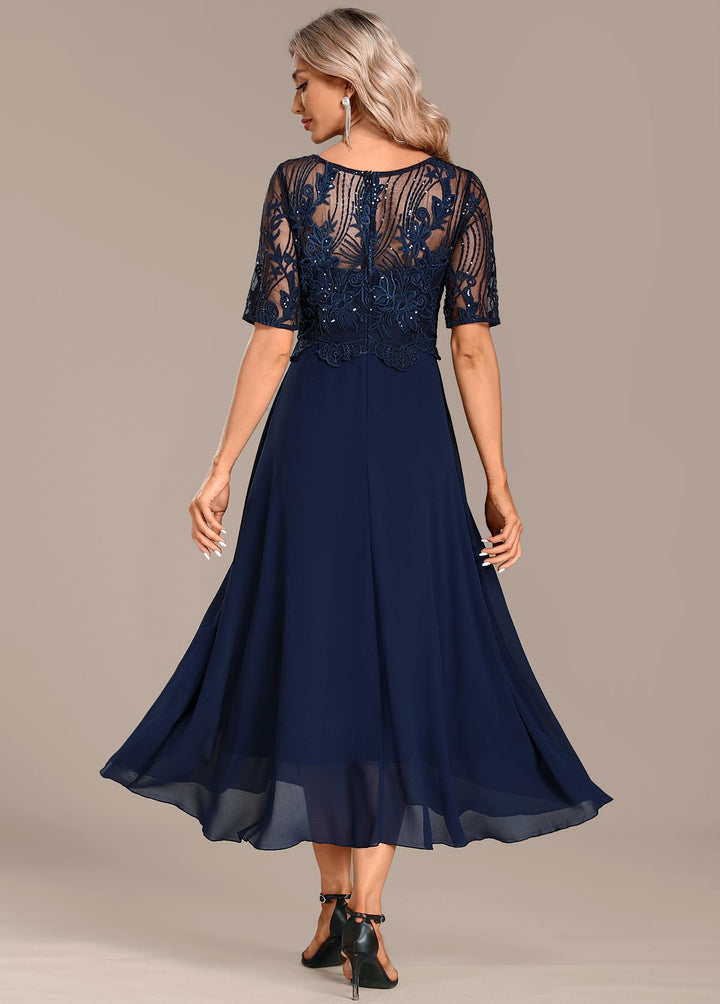 Madeline | Navy Lace Short Sleeve Round Neck Dress