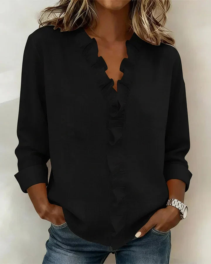 Linda | Blouse with Ruffles, V-Neck and Long Sleeves