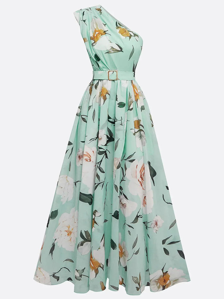 Aurora | light green floral ruched one shoulder a line maxi chiffon dress