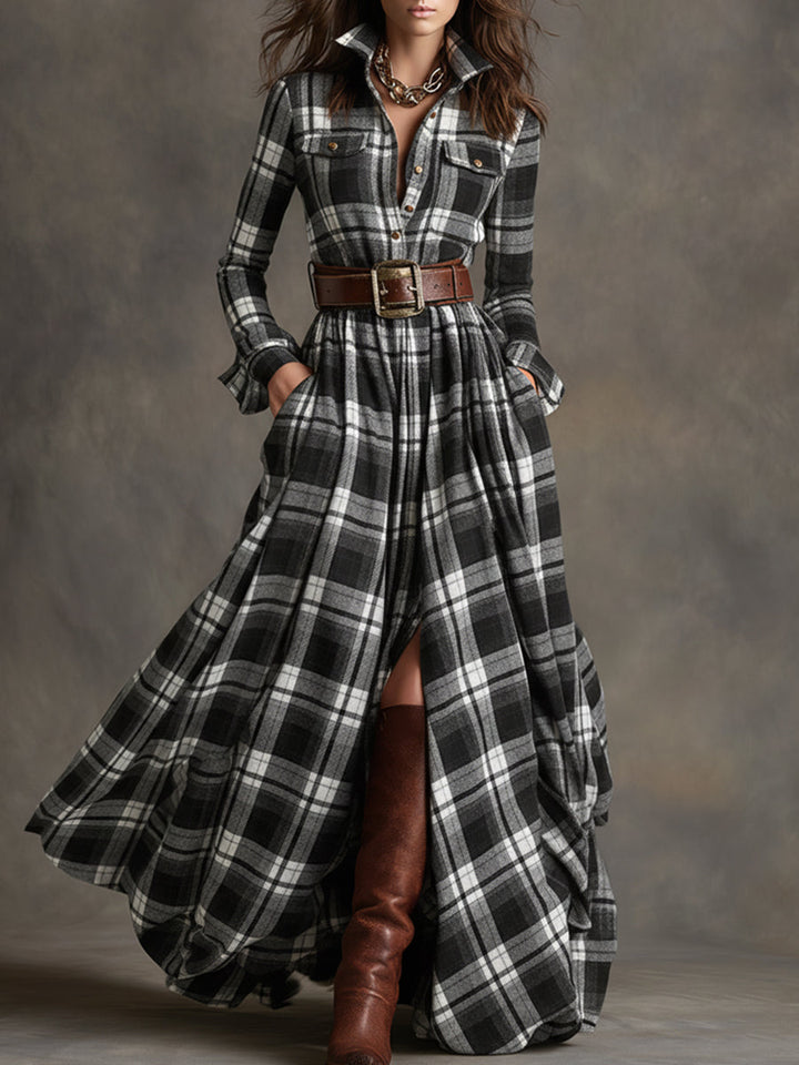 Margaret | Plaid Long-Sleeve Maxi Dress