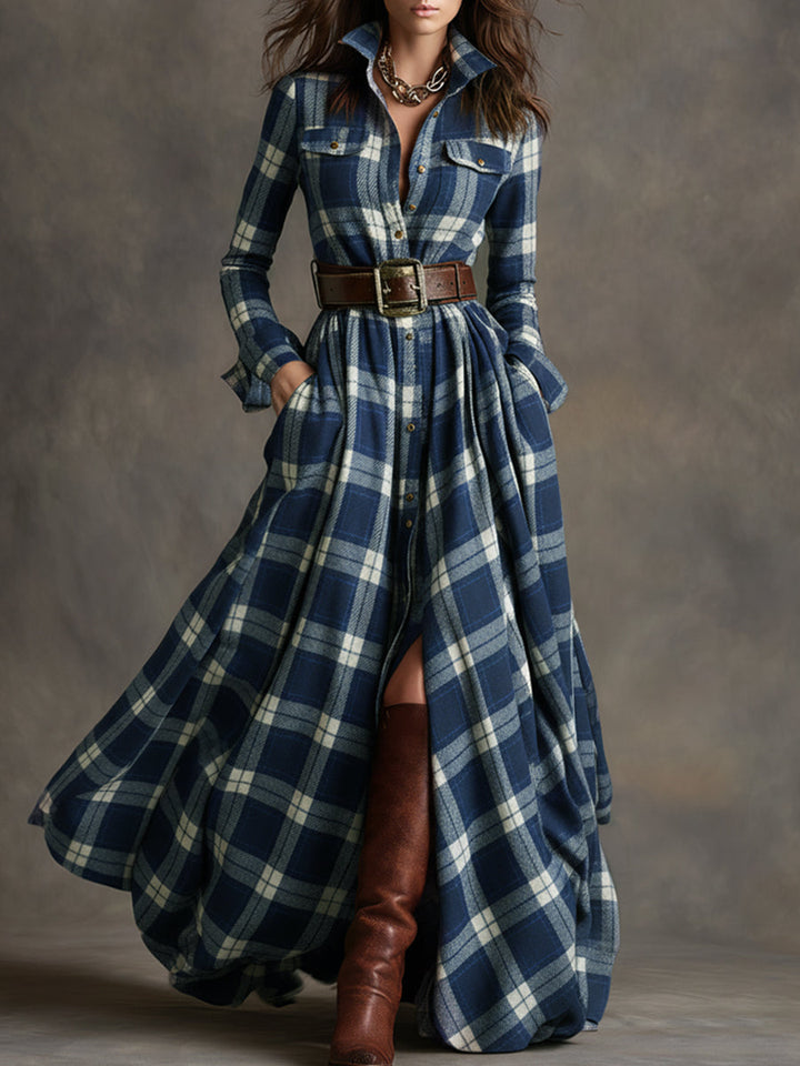 Margaret | Plaid Long-Sleeve Maxi Dress