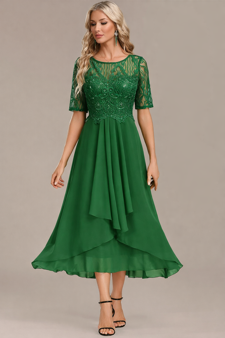 Madeline | Navy Lace Short Sleeve Round Neck Dress