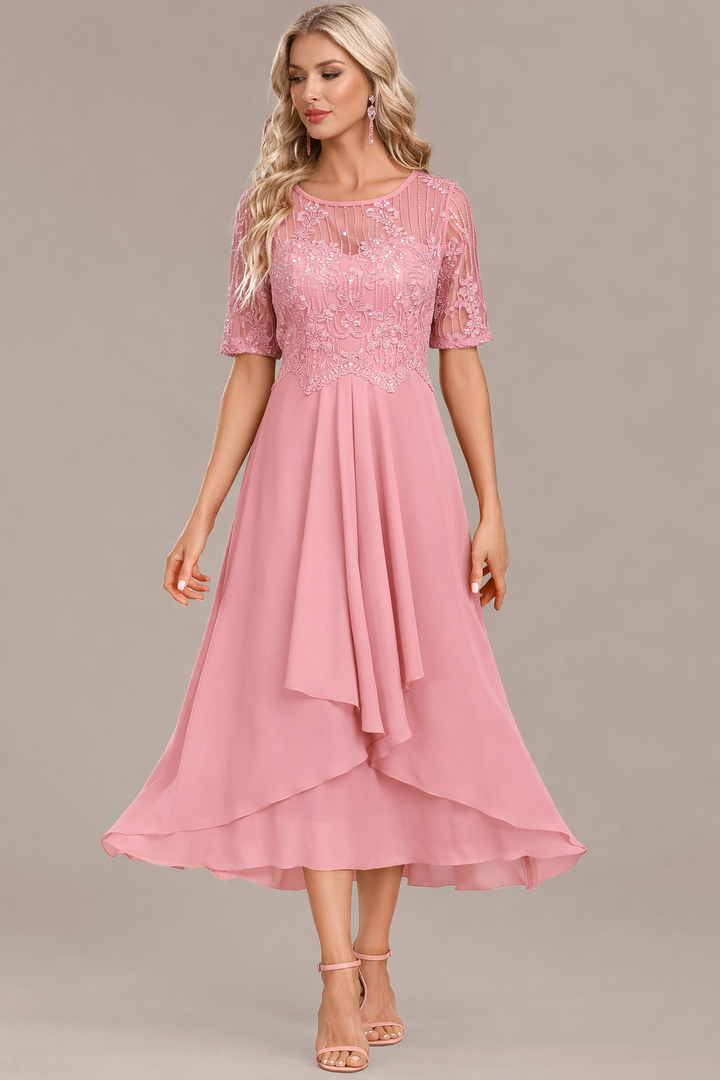 Madeline | Navy Lace Short Sleeve Round Neck Dress