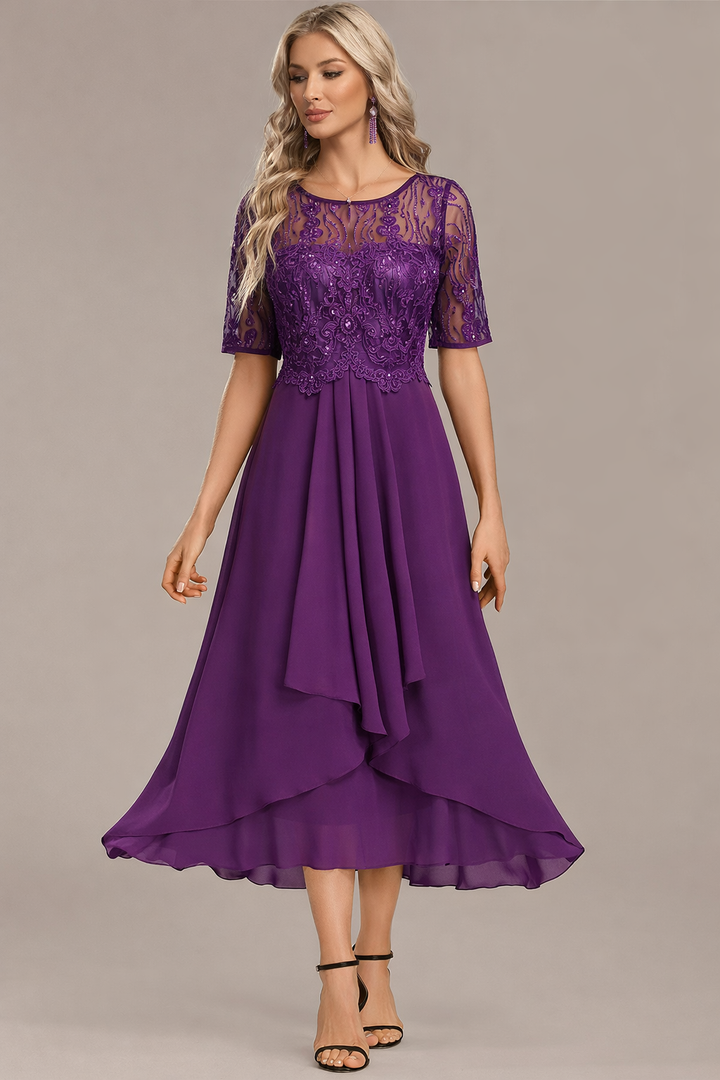 Madeline | Navy Lace Short Sleeve Round Neck Dress