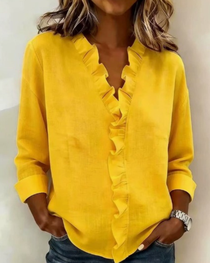 Linda | Blouse with Ruffles, V-Neck and Long Sleeves