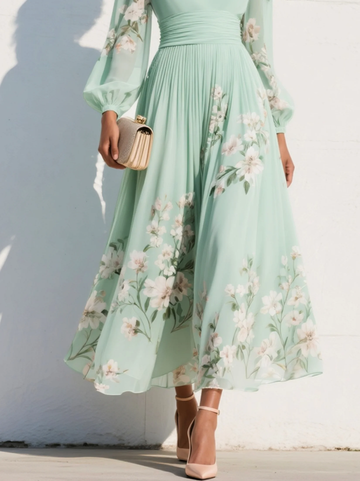 Shay | Light Green V-Neck Chiffon Pleated Floral Midi Dress