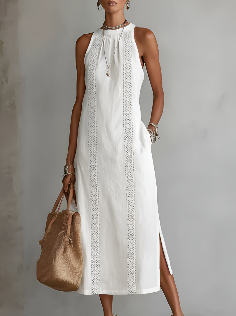 Florence | Cotton Linen Midi Dress With a Mandarin Collar