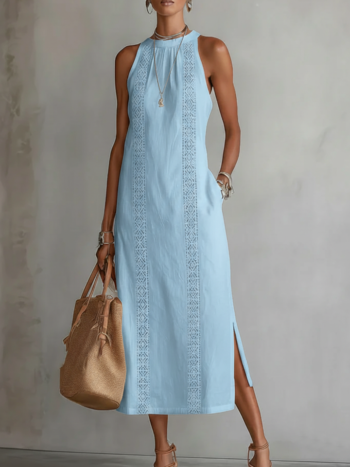 Florence | Cotton Linen Midi Dress With a Mandarin Collar