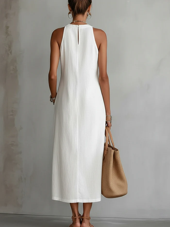Florence | Cotton Linen Midi Dress With a Mandarin Collar