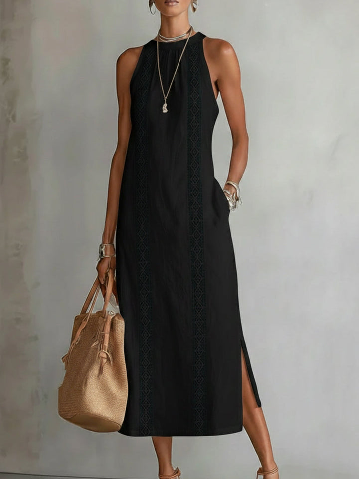 Florence | Cotton Linen Midi Dress With a Mandarin Collar